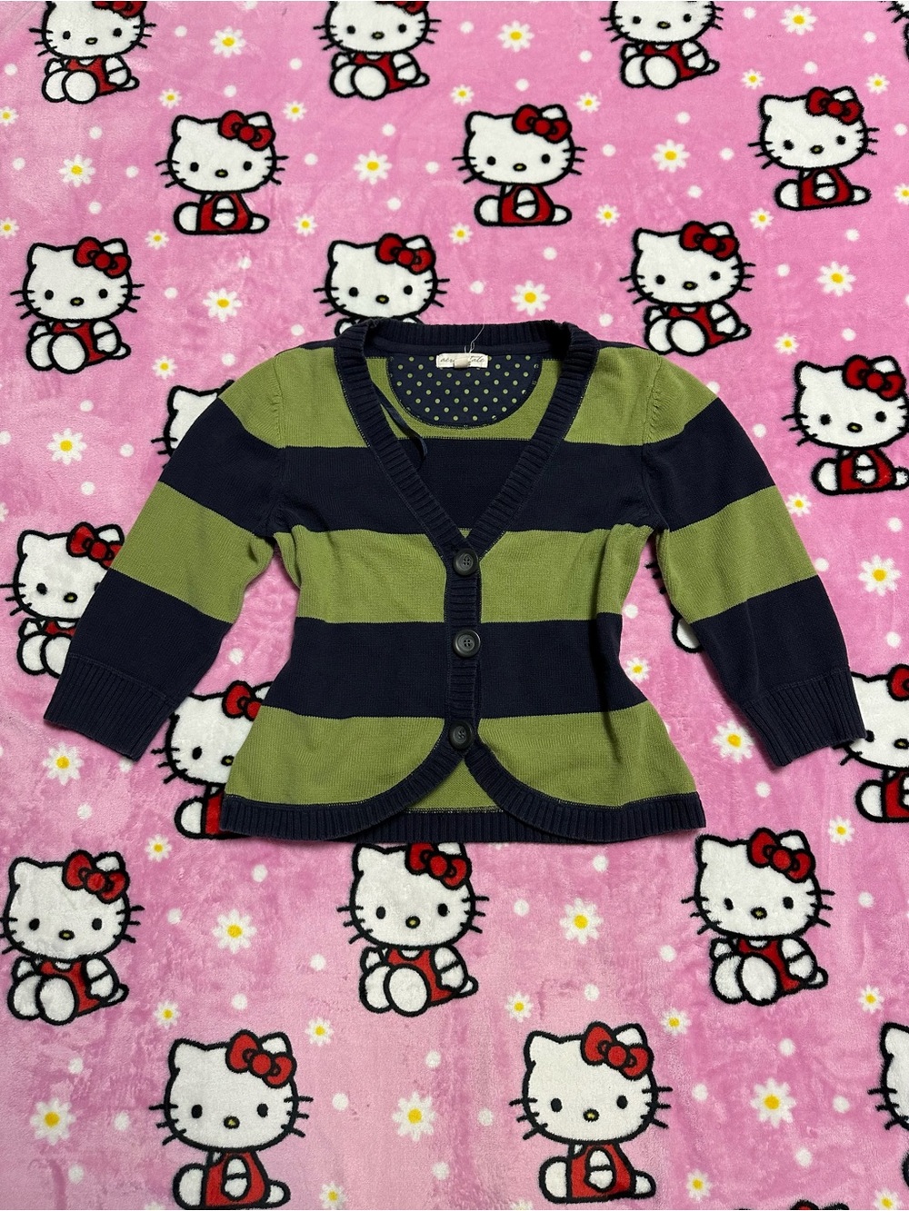 Aeropostale Olive Green & Navy Striped Button Cotton Cardigan
